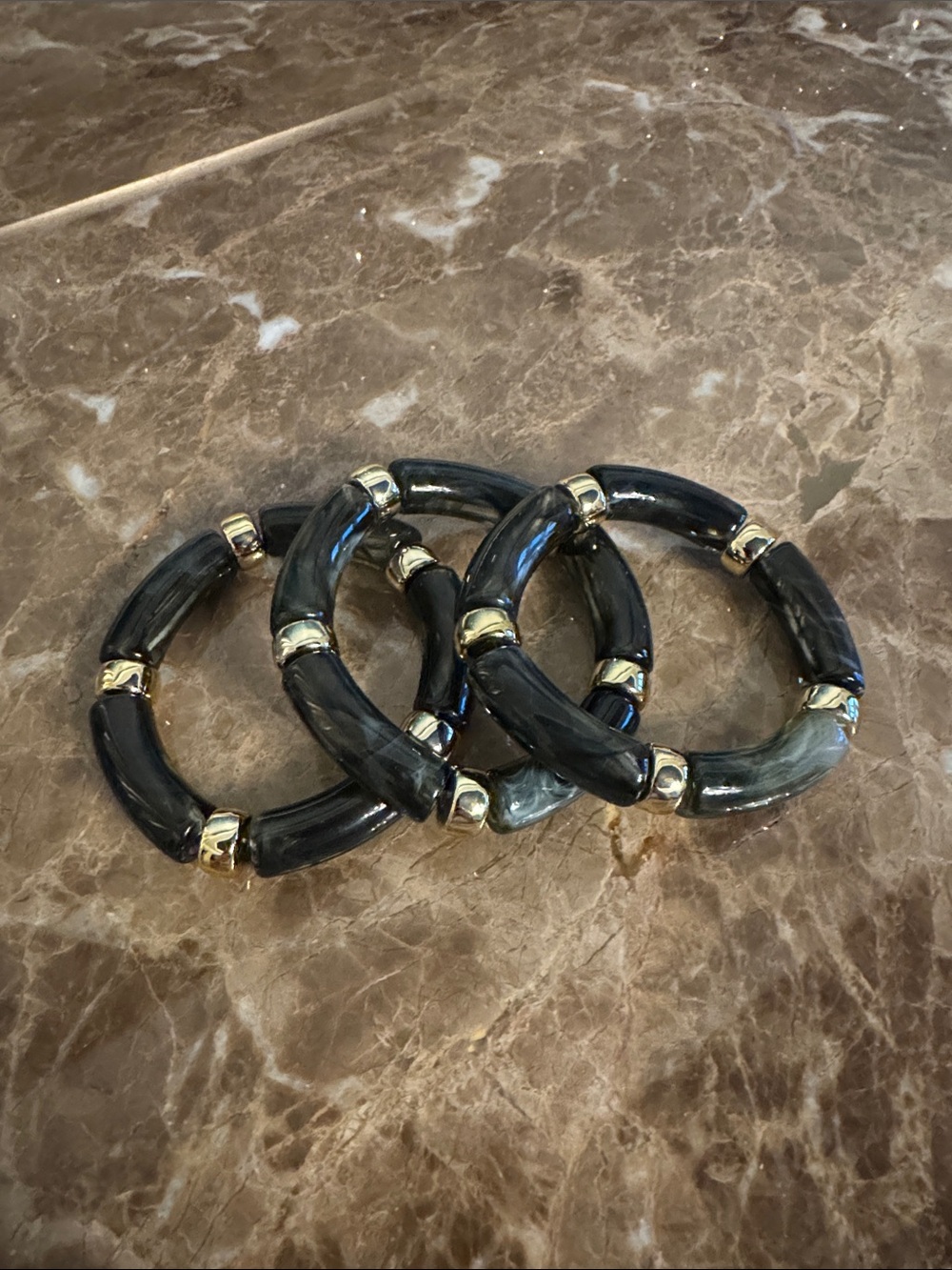 Dark Green and Gold Beaded Stretch Bracelet Set - Women Accessories